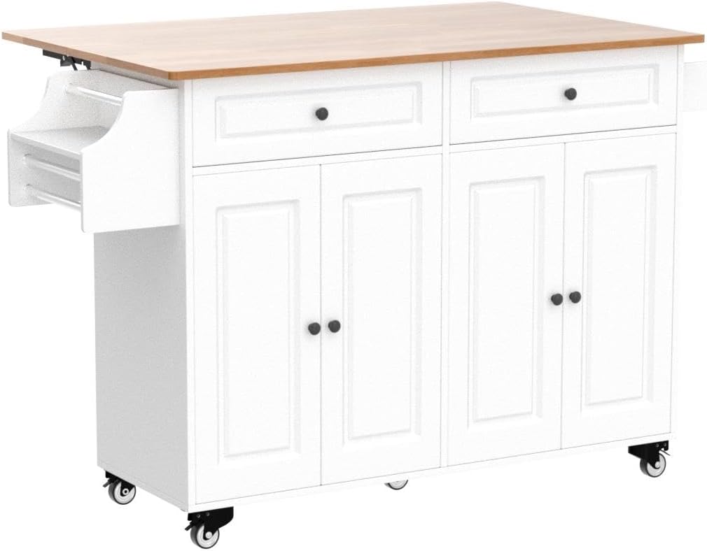 Kitchen Island Cart with Rubber Wood Top, Storage Cabinets & Drawers