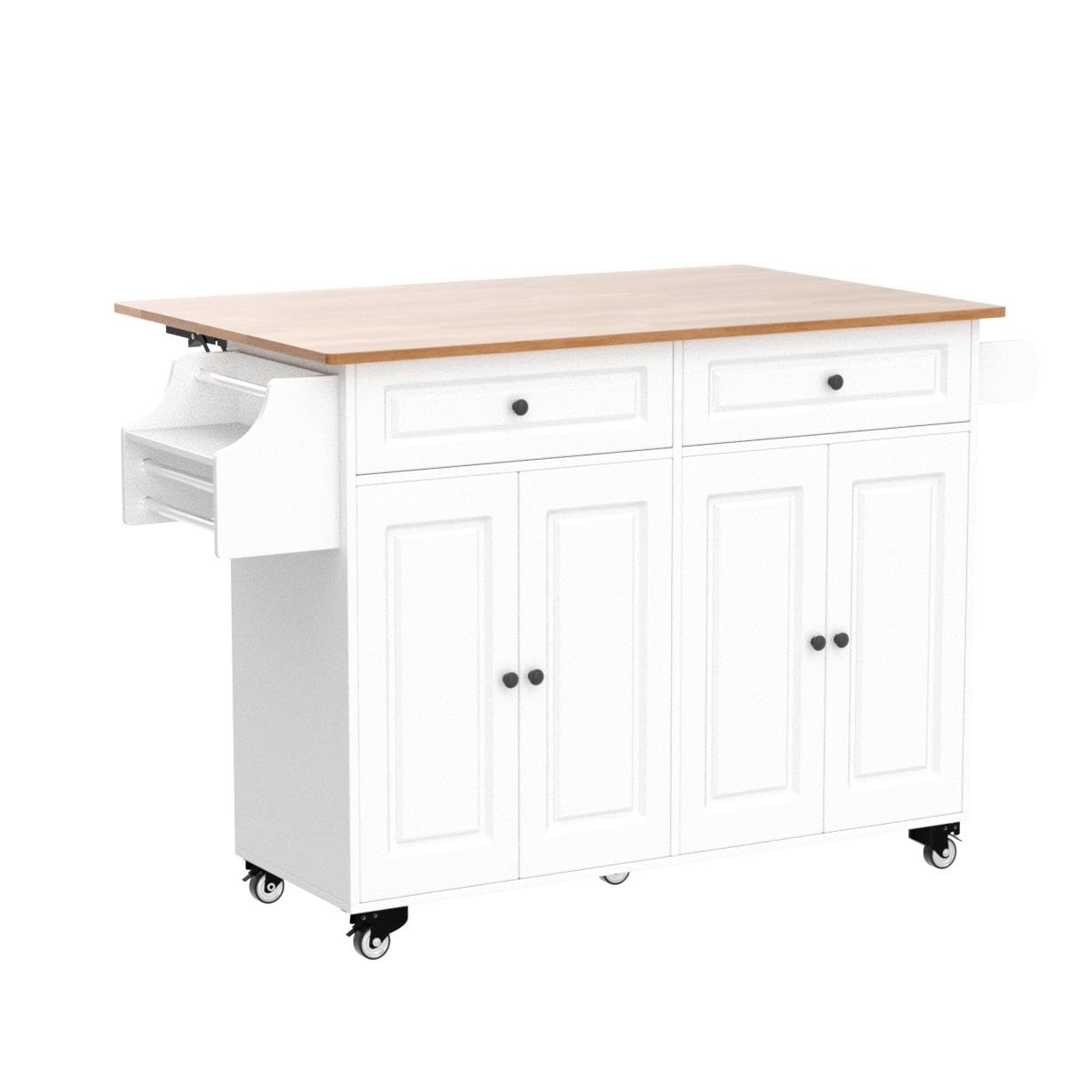 Kitchen Island Cart with Rubber Wood Top, Storage Cabinets & Drawers