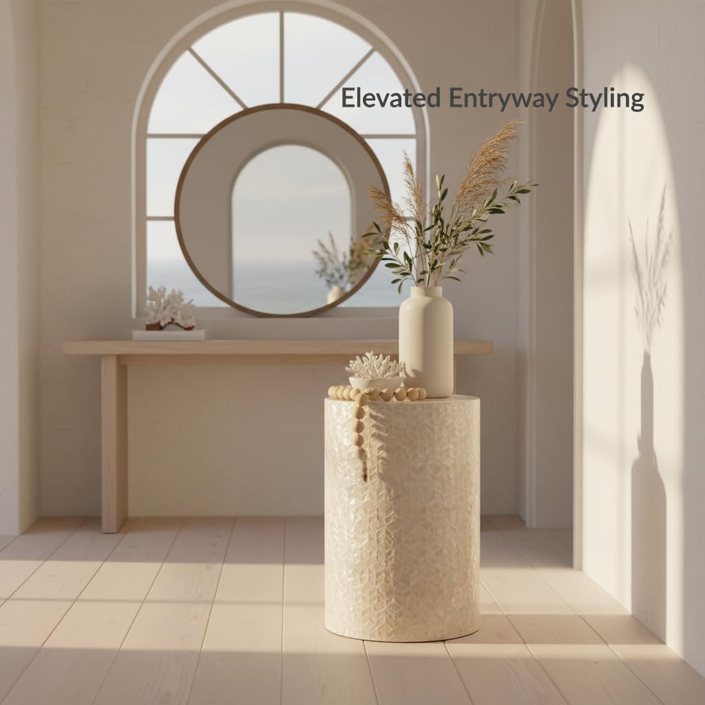 Capiz Shell Drum End Table, White Cream
