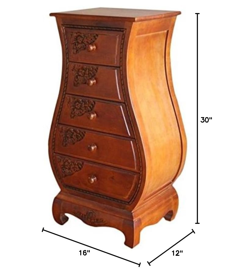 5-Drawer Bombe Chest – Walnut Stain, Hand-Carved Oak