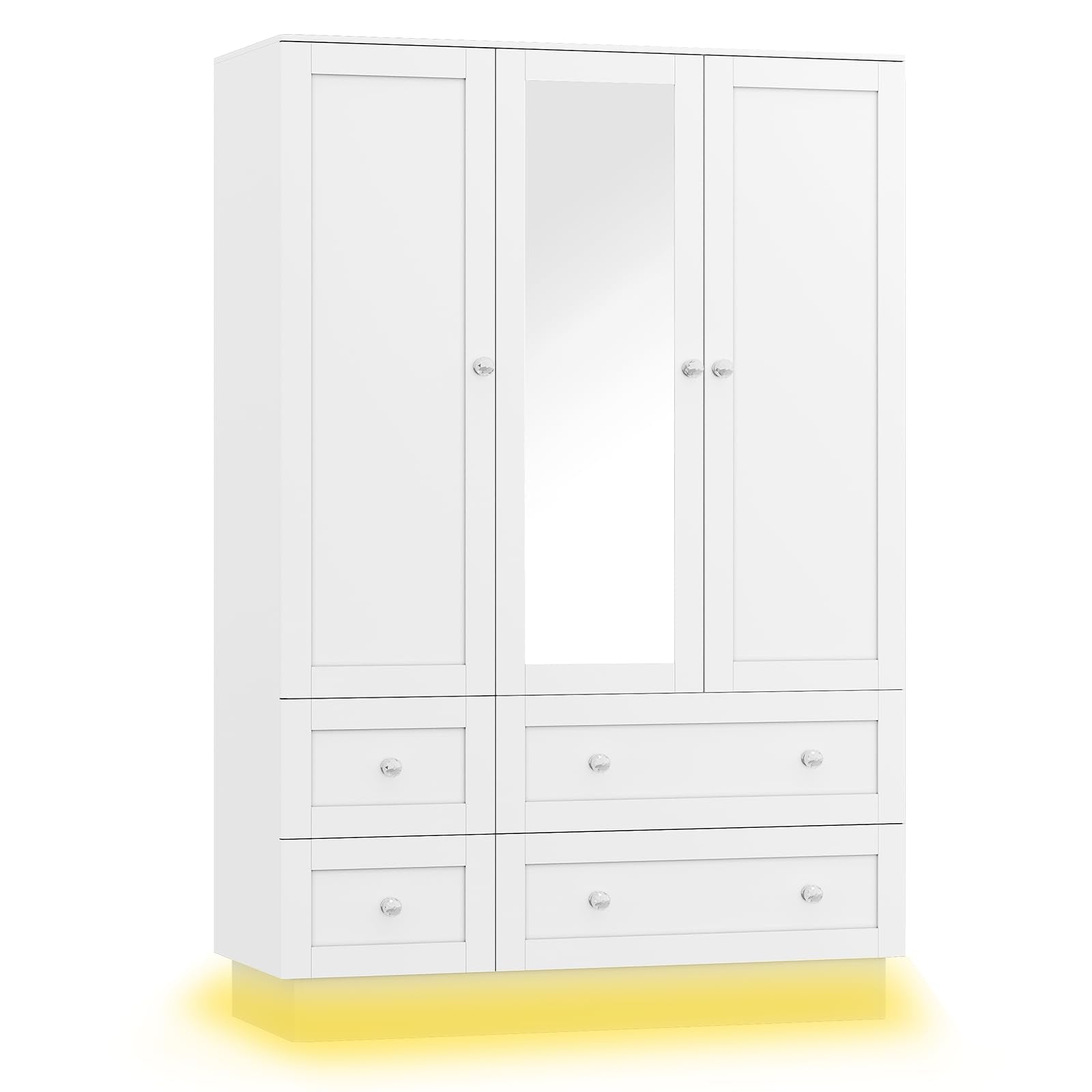 Wardrobe Closet with Mirror, LED Light & 4 Drawers