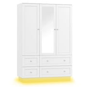 Wardrobe Closet with Mirror, LED Light & 4 Drawers