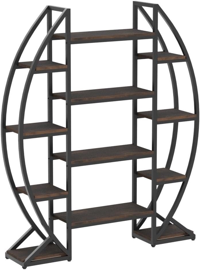 Triple Wide Oval Etagere Bookcase – 5-Tier, 12 Shelves, Industrial Metal Frame