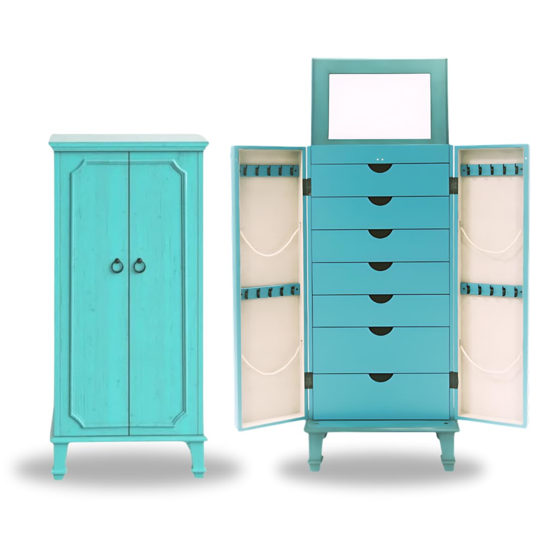 Standing Jewelry Armoire with Mirror & 7 Drawers – Turquoise