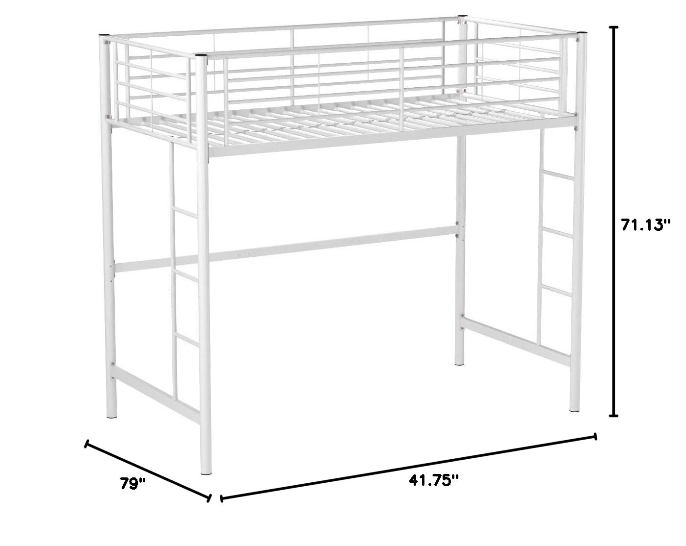 Metal Twin Loft Bed with Guardrails & Ladder