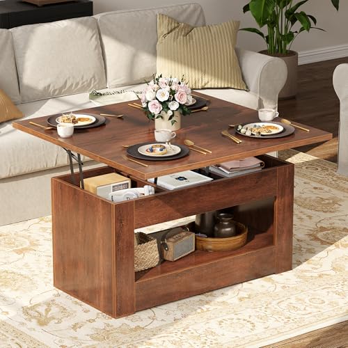 UNIQUITE 40" Lift Top Coffee Table, 4 in 1 Multi-Function Lift Coffee Table with Storage and Hidden Compartment, Convertible Coffee Tables to Dining Table for Living Room, Walnut