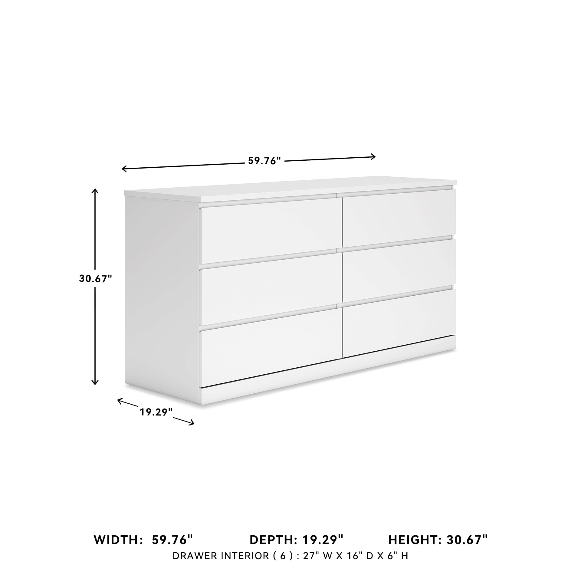 Signature Design by Ashley Onita Modern Dresser with 6 Smooth-Gliding Drawers, Meets ASTM International Safety Standards, White, 59.76' W x 19.29' D x 30.67' H