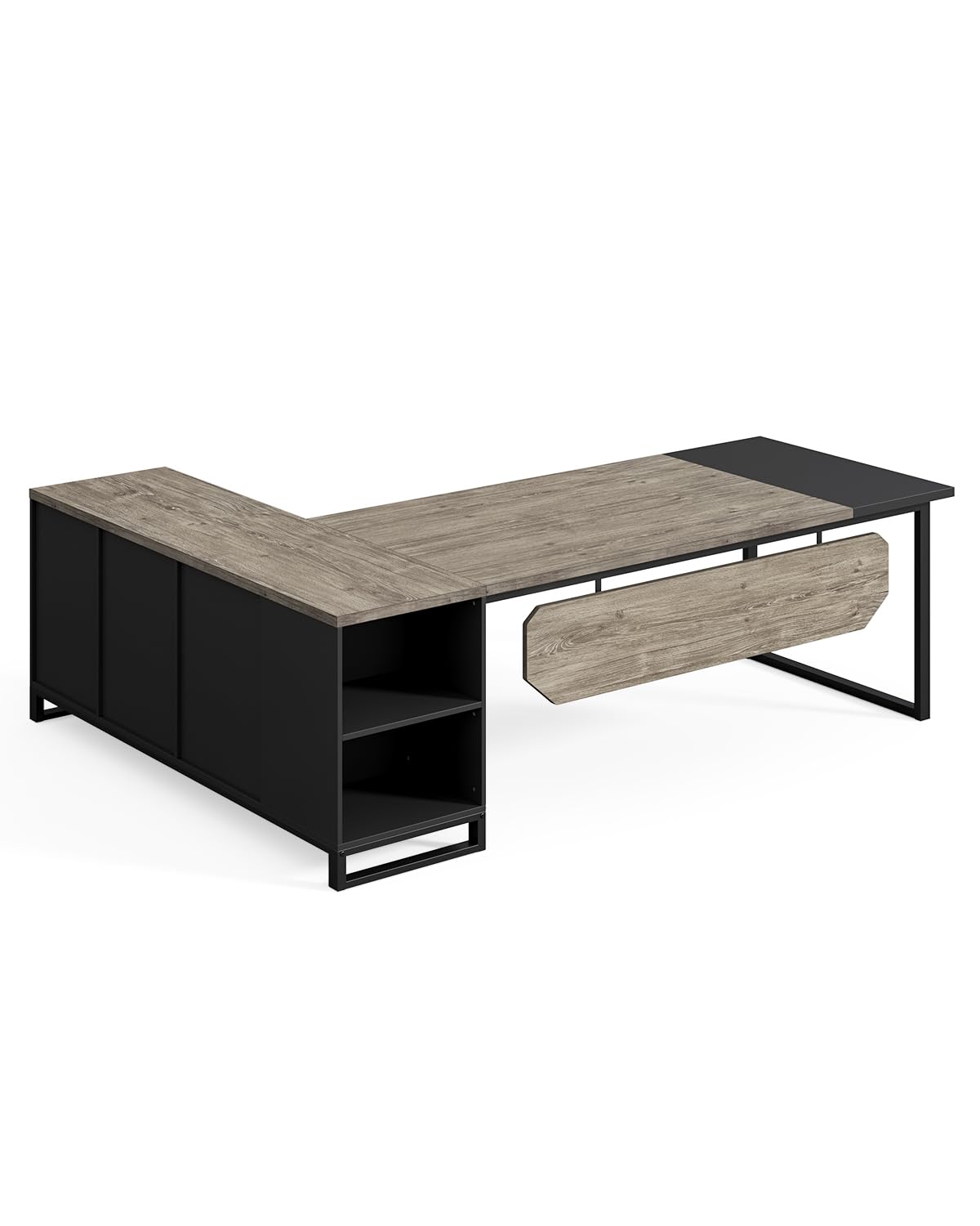 L-Shaped Executive Desk with File Cabinet, 70.8" – Grey & Black