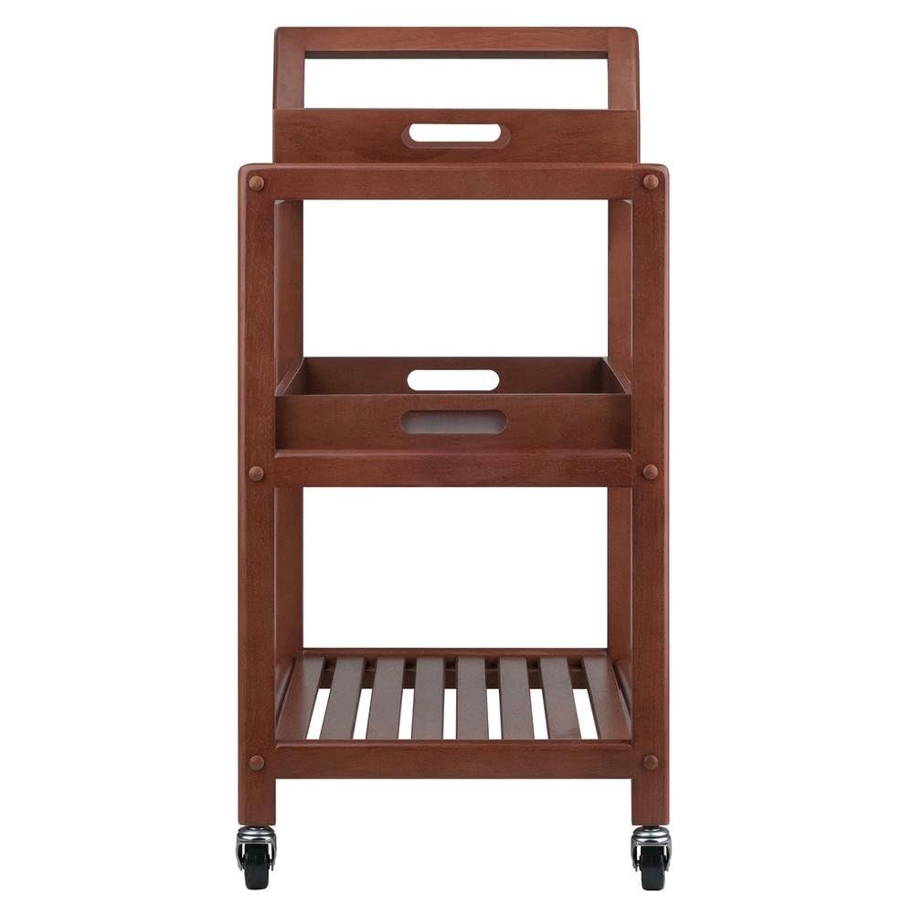Furnifact Solid Wood Kitchen Cart On Wheels with Two Removable Serving Trays, Slatted Shelf, and Locking Casters, Versatile Bar Cart