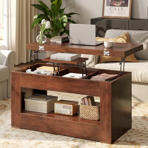 UNIQUITE 40" Lift Top Coffee Table, 4 in 1 Multi-Function Lift Coffee Table with Storage and Hidden Compartment, Convertible Coffee Tables to Dining Table for Living Room, Walnut