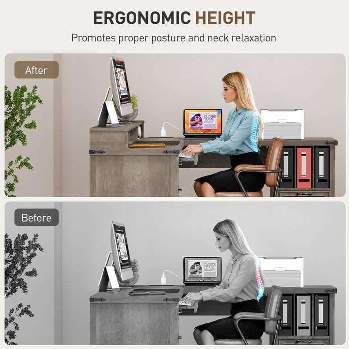 RALGEND Farmhouse 69" Executive L Shaped Desk with Drawer, Home Office Desk with Charging Station, Corner Computer Desk with Monitor Stand, File Drawer, Storage Cabinet, Greige