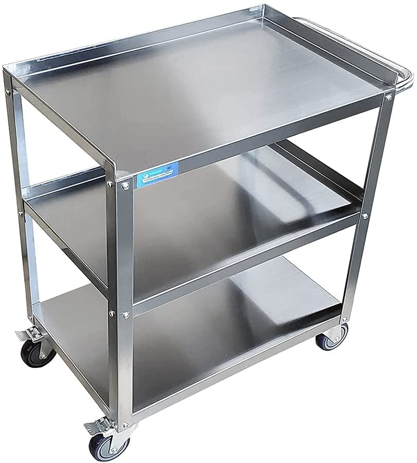 Express KitchQuip 33" x 21" Stainless Utility Cart, 3-Shelf, Casters, NSF