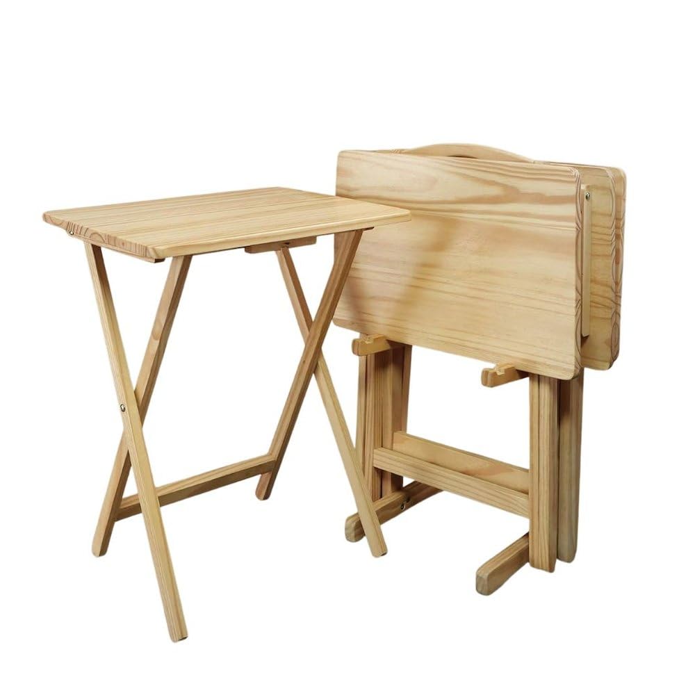 Furnifact Solid Wood 5-Piece Folding Tables Set – TV Trays Set of 4 with Stand, Foldable Tables for Dining or Snacking, Space-Saving Portable Tables for Home Use