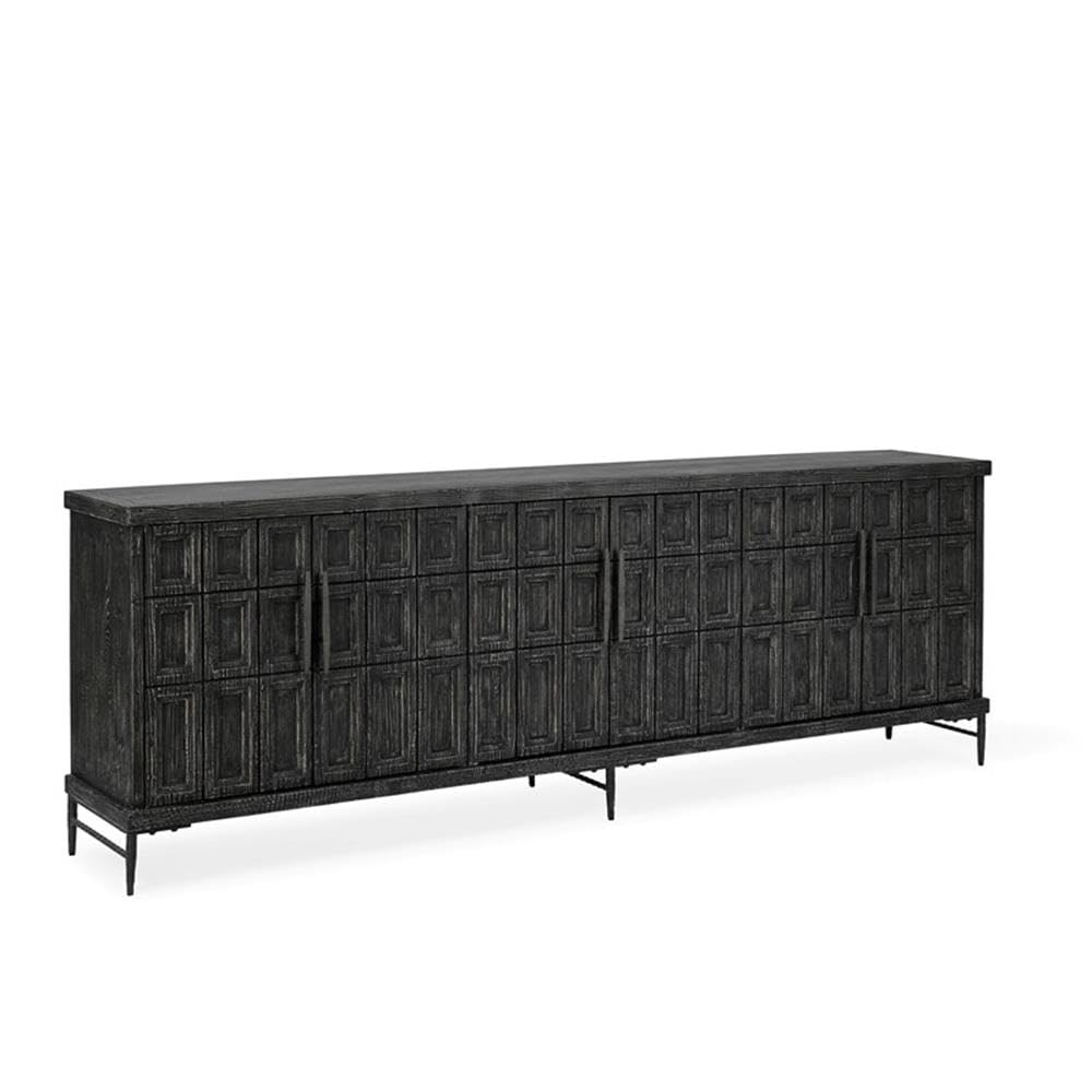Pemberly Row Transitional 6-Door Sideboard Buffet, Reclaimed Pine Wood, Black Finish, Embossed Geometric Design, Ample Storage, Wire Management, Handcrafted Eco-Friendly Dining Room or Living Room