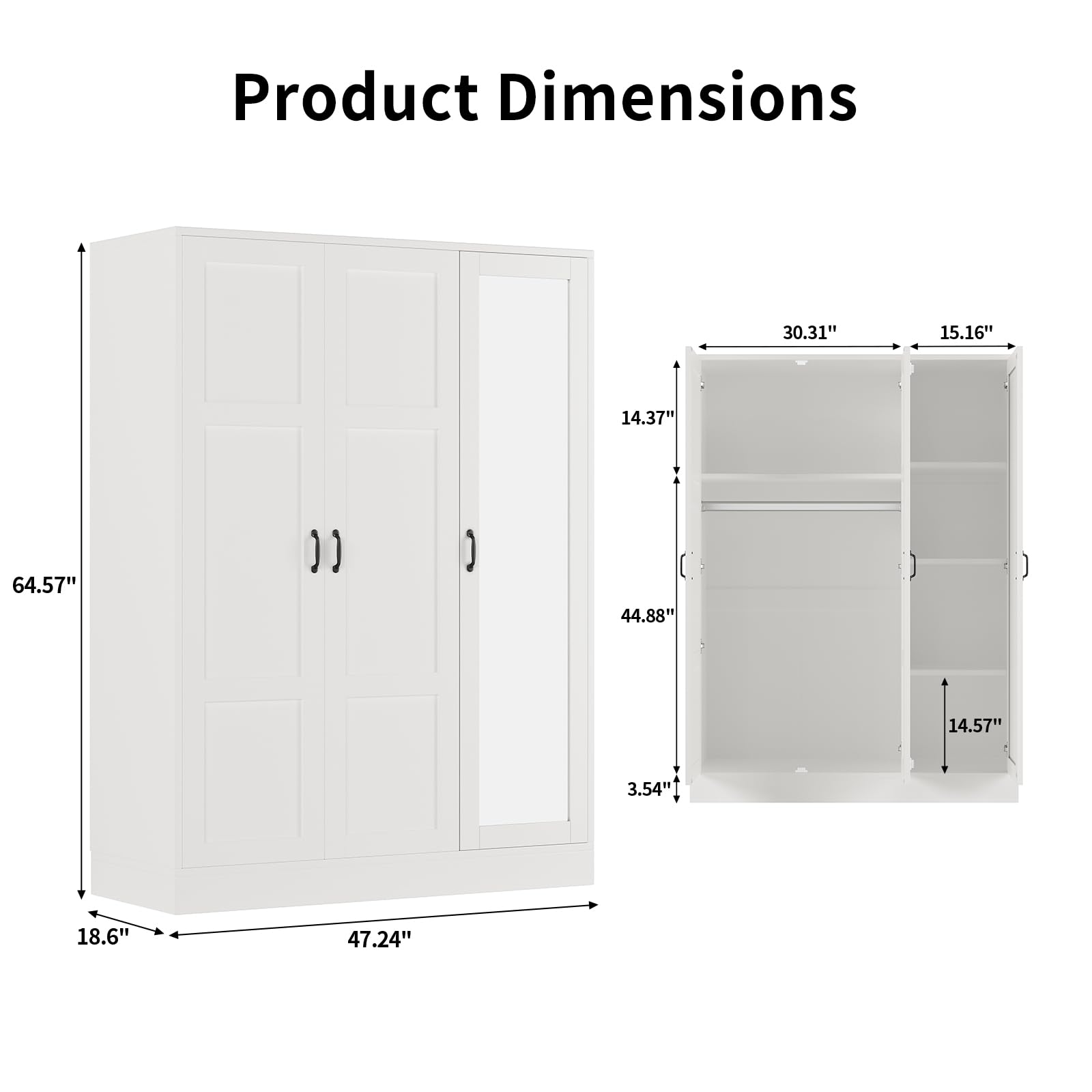 Yanosaku 3-Door Armoire Wardrobe Closet with Full Length Acrylic Mirror, Armoire with Adjustable Shelves & Hanging Rod, Freestanding Storage Cabinet for Bedroom, White