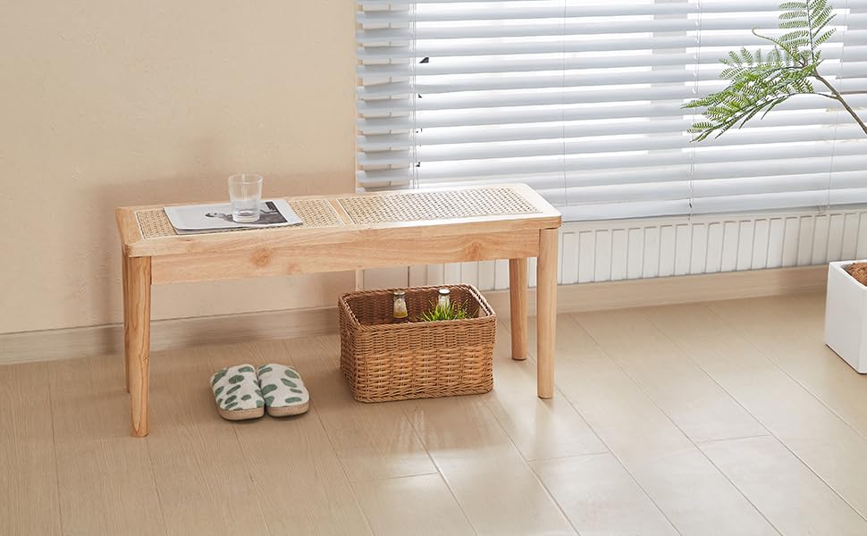Jimenuco 40" Wooden Dining Bench with Hand Woven Rattan Seat,Solid Wood Bench for Entryway,Living Room,Kitchen and Bedroom（Nature Wood，18" H