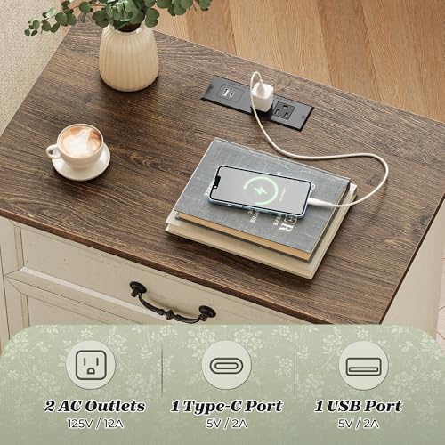 Farmhouse Nightstand with Charging Station & 3 Drawers