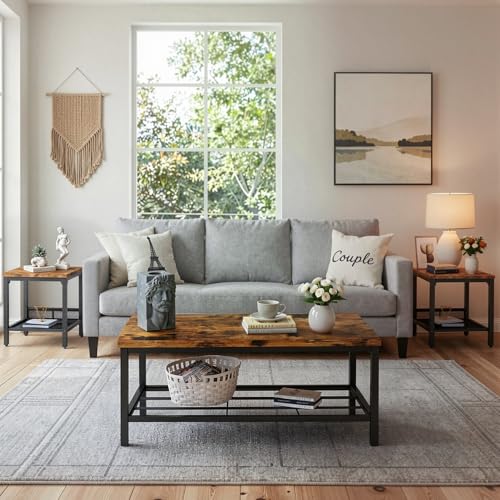 OFFWIN Coffee Table Set of 3,Industrial Coffee Table and 2 End Side Tables,Easy Assembly Coffee and End Tables Sets with Metal Legs, for Office, Living Room and Apartment (Brown)