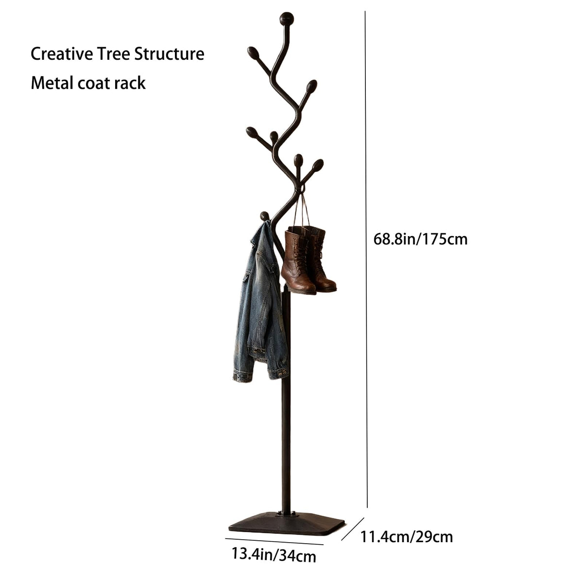 HAZHEYE Coat Rack,Metal Coat Tree Freestanding with 8 Hooks, Creative Design Tree Branch-look,Standing Coat Rack,Coat Hanger Stand with Stury cast iron Base for Entryway, Hallway, Bedroom (black)