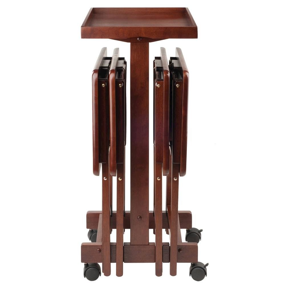 Furnifact Walnut Solid Wood TV Tray Set – Folding Snack Tables with Stand for Dining, Working, and Serving in Any Living Room or Home Space