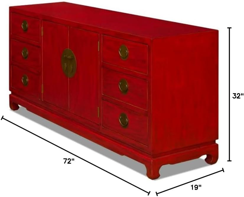 ChinaFurnitureOnline Elmwood Chinese Sideboard, 72 Inch Ming Design in Distressed Red Finish
