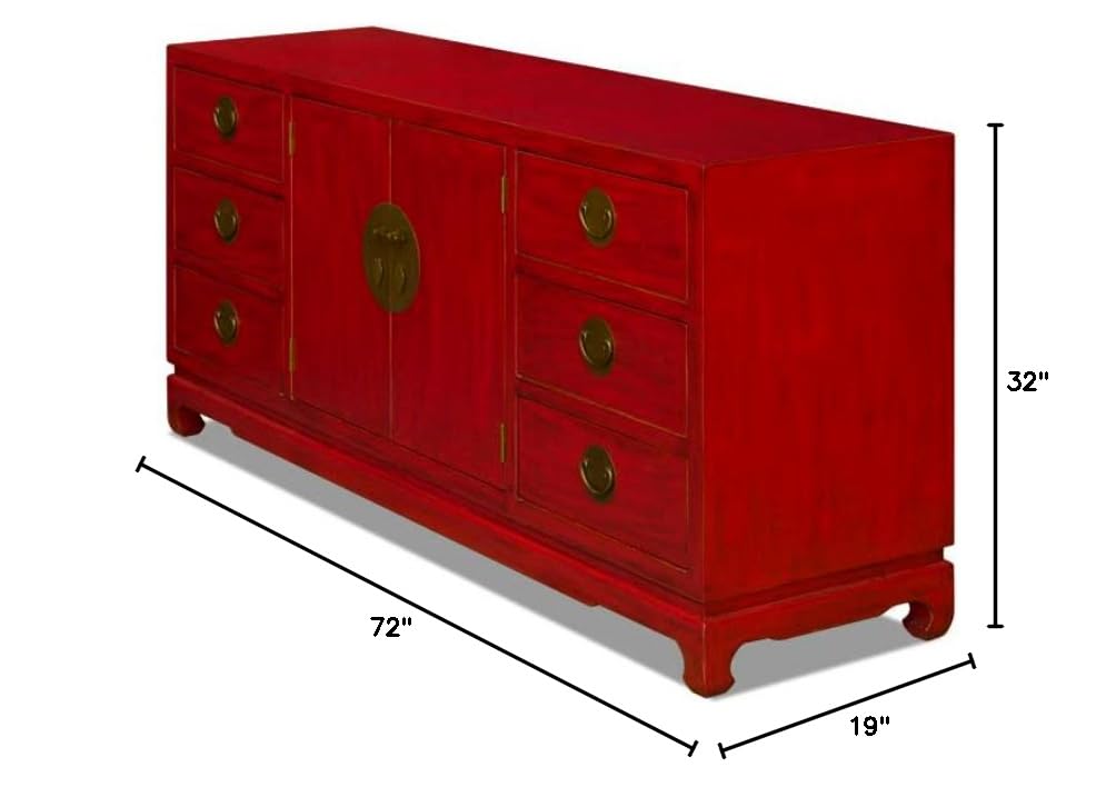 ChinaFurnitureOnline Elmwood Chinese Sideboard, 72 Inch Ming Design in Distressed Red Finish