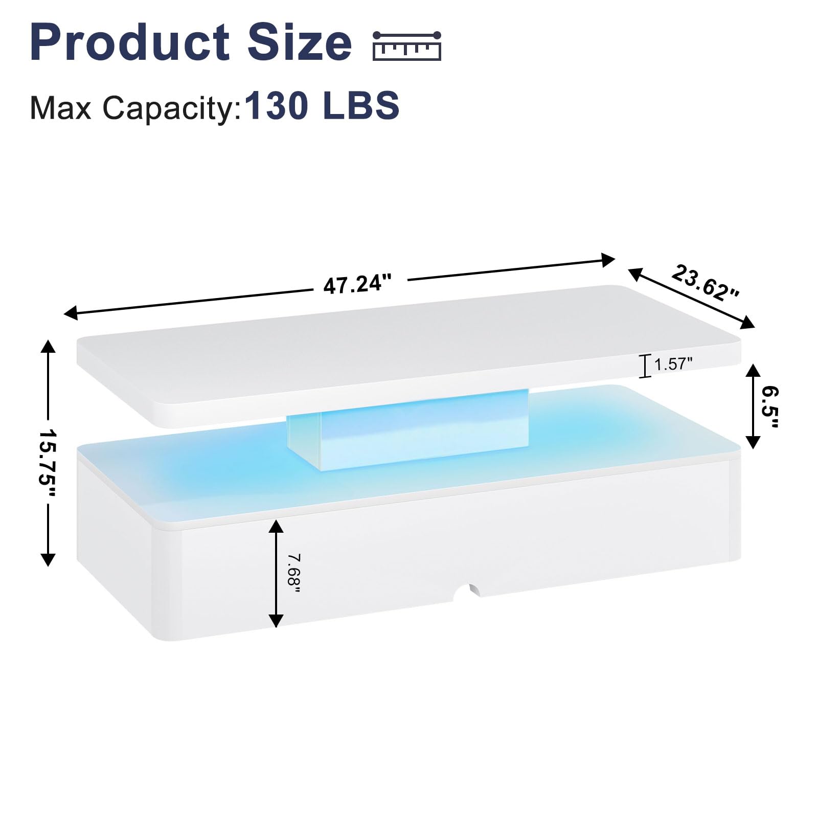 MXV Modern Coffee Table, 47 Inches Coffee Tables with 16 Colors LED Lights, 2 Tier Rectangular Center Table, Large Storage Space, High Glossy Wooden Tea Table for Living Room, Bedroom, Office, White