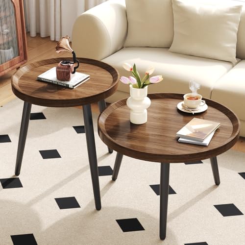 2 PCS Small Round Coffee Table Set, Mid Century Modern Coffee Tables for Living Room, Walnut Nesting Tables for Small Spaces, Easy Assembly Circle Wood Center Table,Black Nesting Coffee Table Set of 2