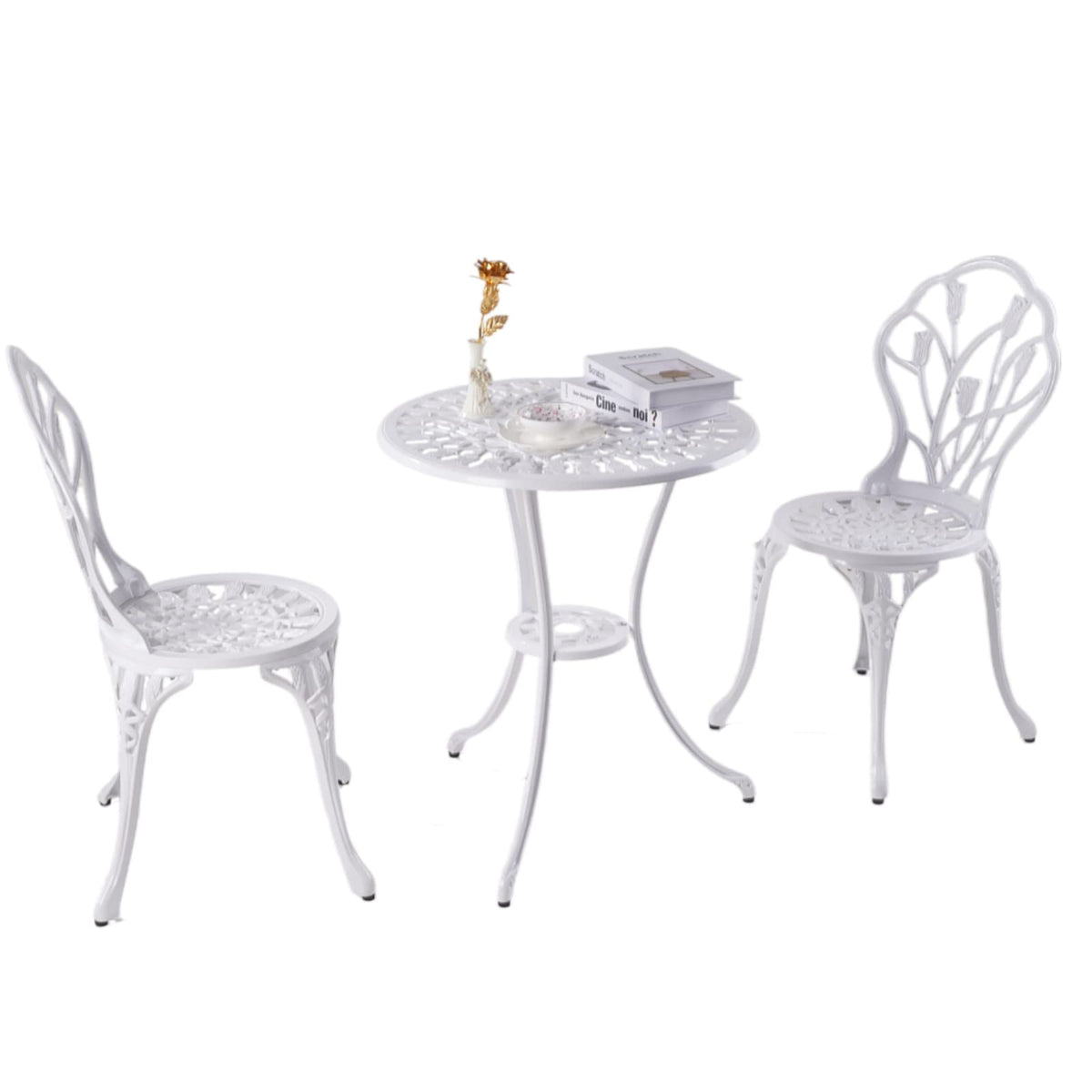 KAILI Patio Bistro Sets 3 Piece cast Aluminum Patio Furniture Outdoor Garden Metal Rust Proof Tables and Chairs White bisrto Set (Tulips-White)