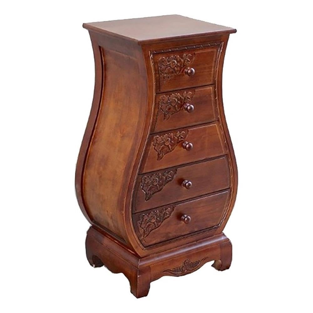 5-Drawer Bombe Chest – Walnut Stain, Hand-Carved Oak