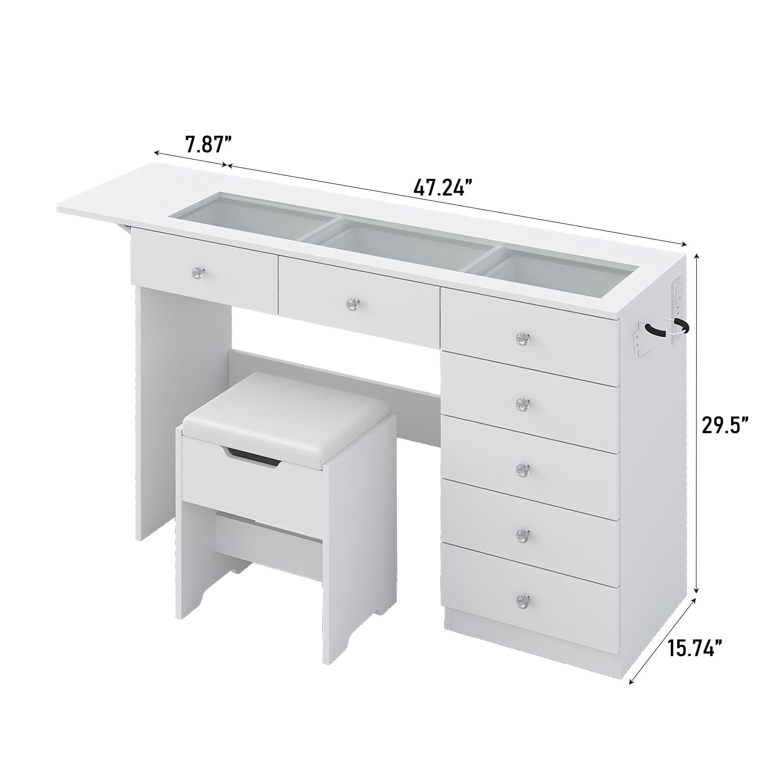 Vanity Desk with 7 Drawers and Charging Station, Glass Top Dressing Table with Foldable Side Shelf and Stool, Modern Makeup Vanity with Storage for Bedroom, White
