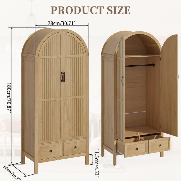 Lxsxlome Wardrobe Closet, Armoire Wardrobe Closet with Drawers and 2 Arched Fluted Doors, 70.87‘’ Tall Wooden Bedroom Armoires with Shelves and Hanging Rod (1, Wood Color)