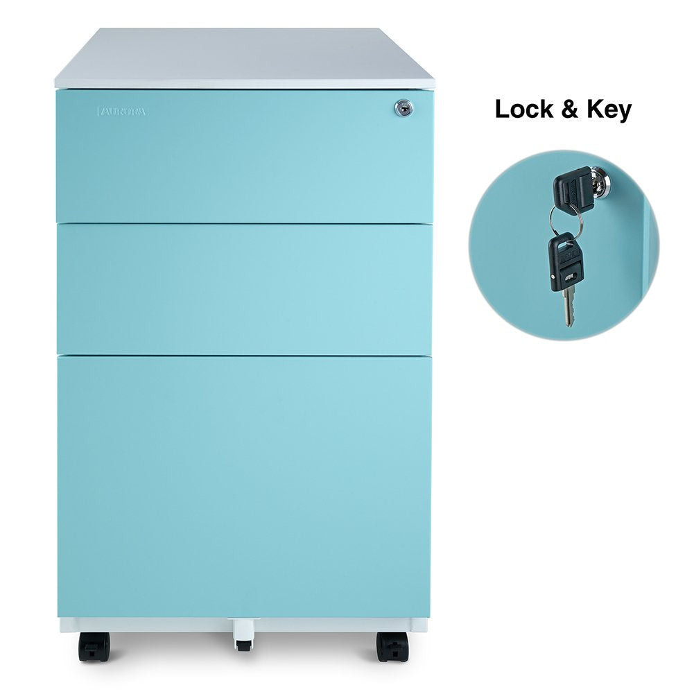 Aurora FC-103BL Fully Assembled Modern Soho Design 3-Drawer Metal Mobile File Cabinet with Lock Key, White/Aqua Blue