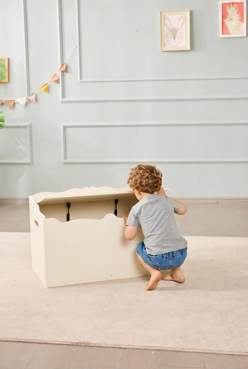 Amazon Basics Kids Wooden Toy Storage Chest with Safety Lid, Spacious Organizer for Bedroom, White, 30" x 18" x 19"