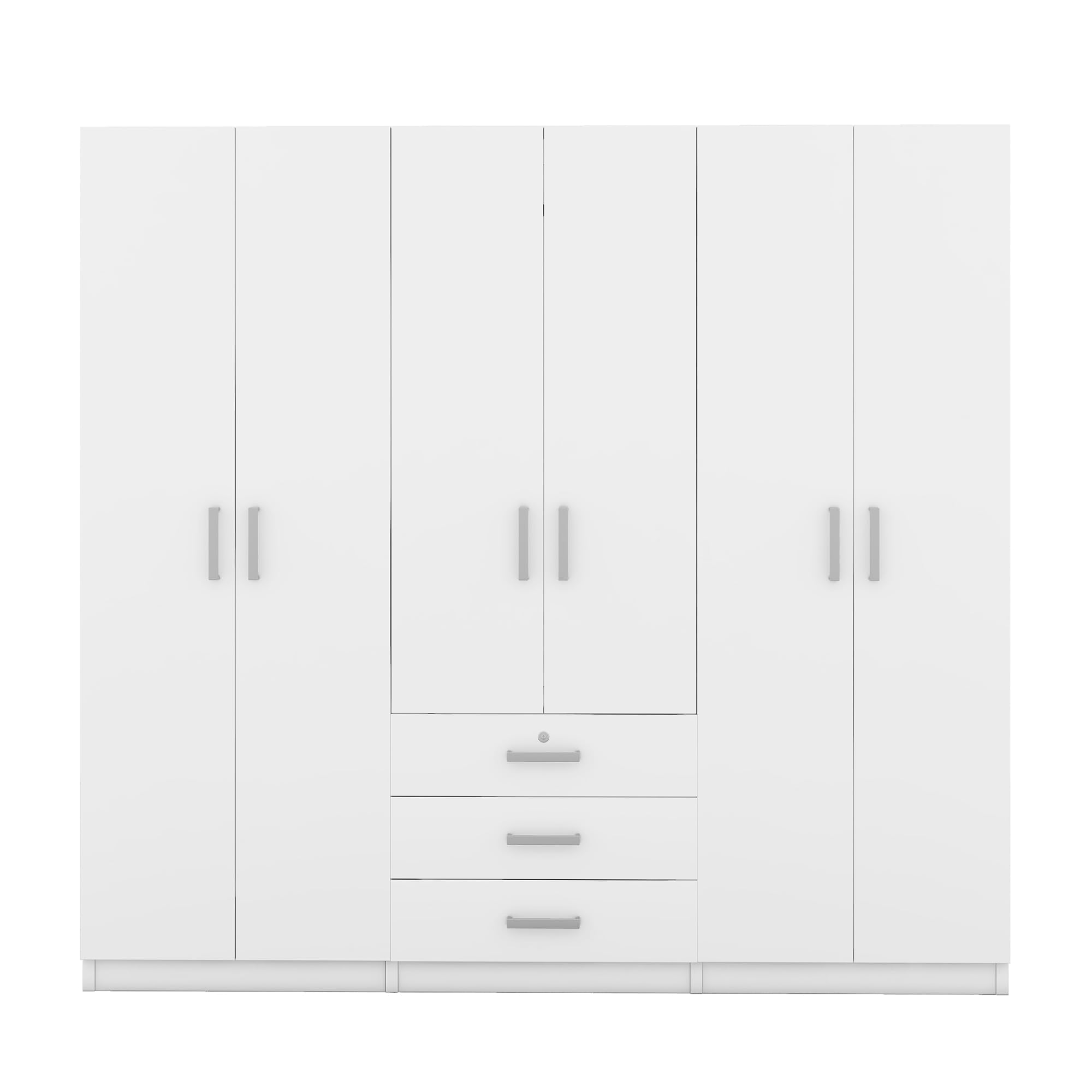 Merax Large White 6 Doors Wooden Wardrobe, Bedroom Tall Armoire Closet Organizer with Big Drawers, Hanging Rails and Shelves, Clothes Storage Cabinet for Garage & Laundry Room, White
