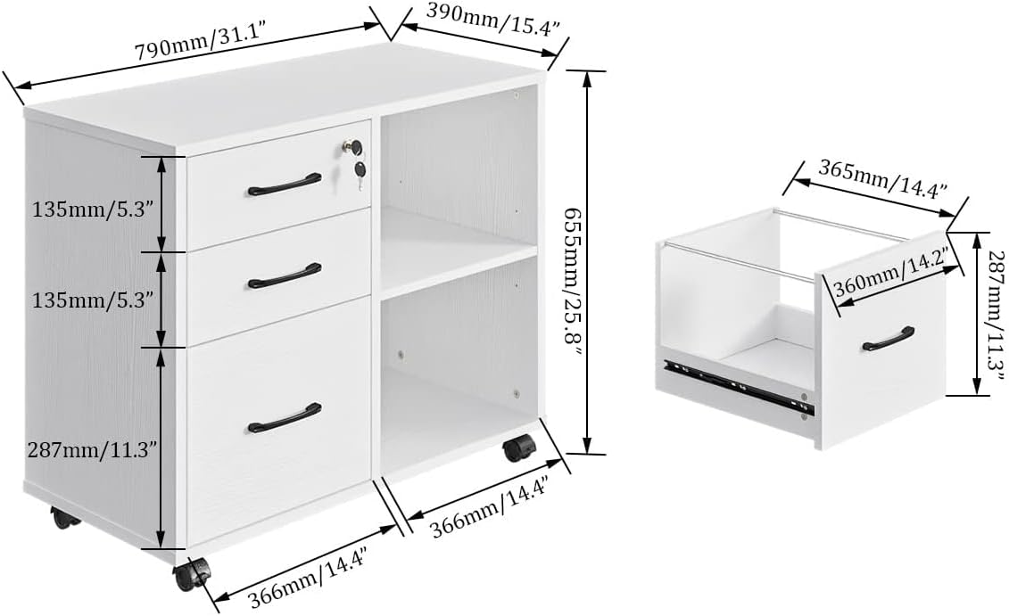 3-Drawer Rolling File Cabinet with Printer Stand