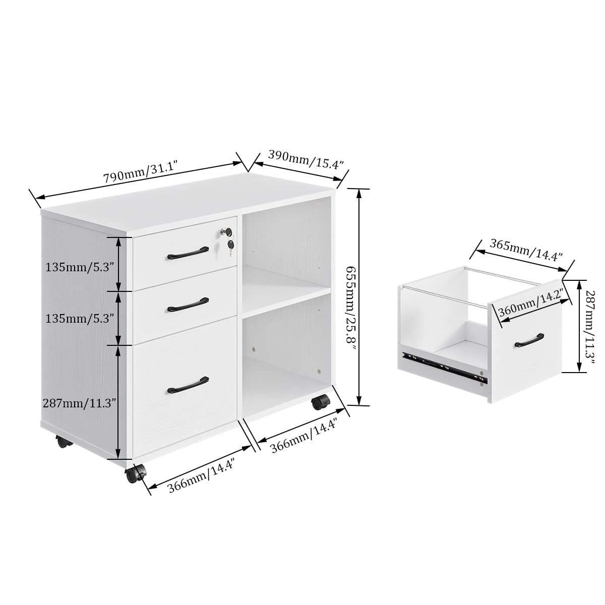 3-Drawer Rolling File Cabinet with Printer Stand
