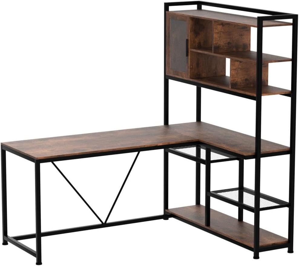 L-Shaped Desk with LED Light & Bookshelf