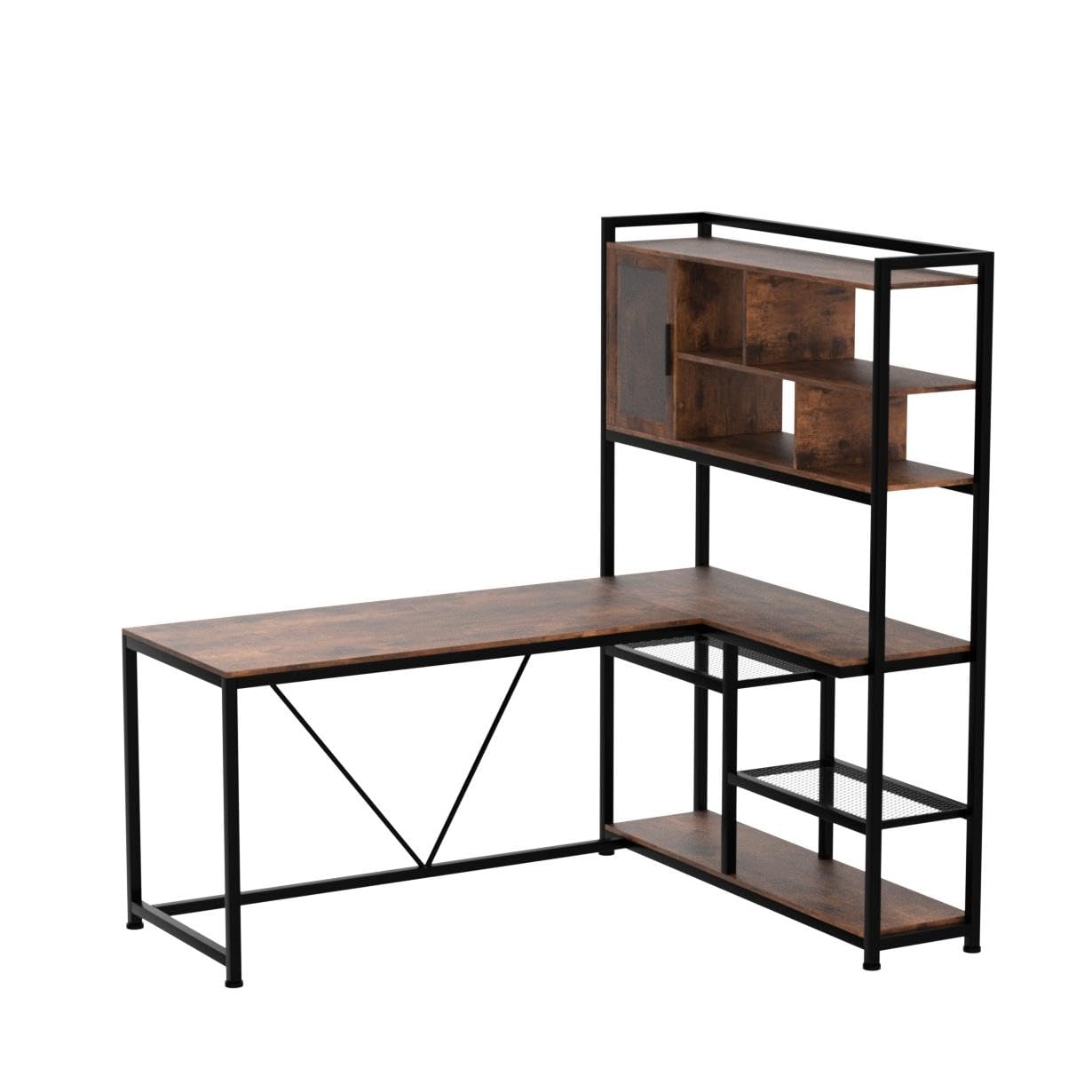 L-Shaped Desk with LED Light & Bookshelf