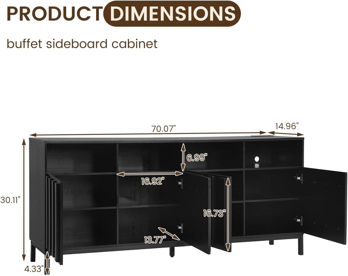 70" Buffet Sideboard Cabinet with Power Outlets & Adjustable Shelves