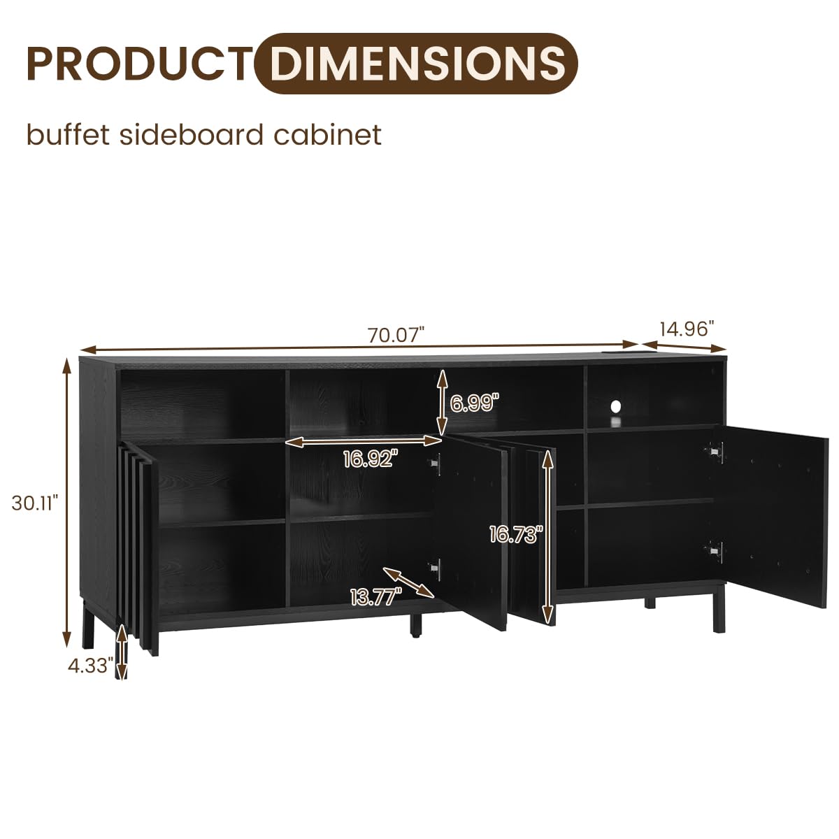 70" Buffet Sideboard Cabinet with Power Outlets & Adjustable Shelves