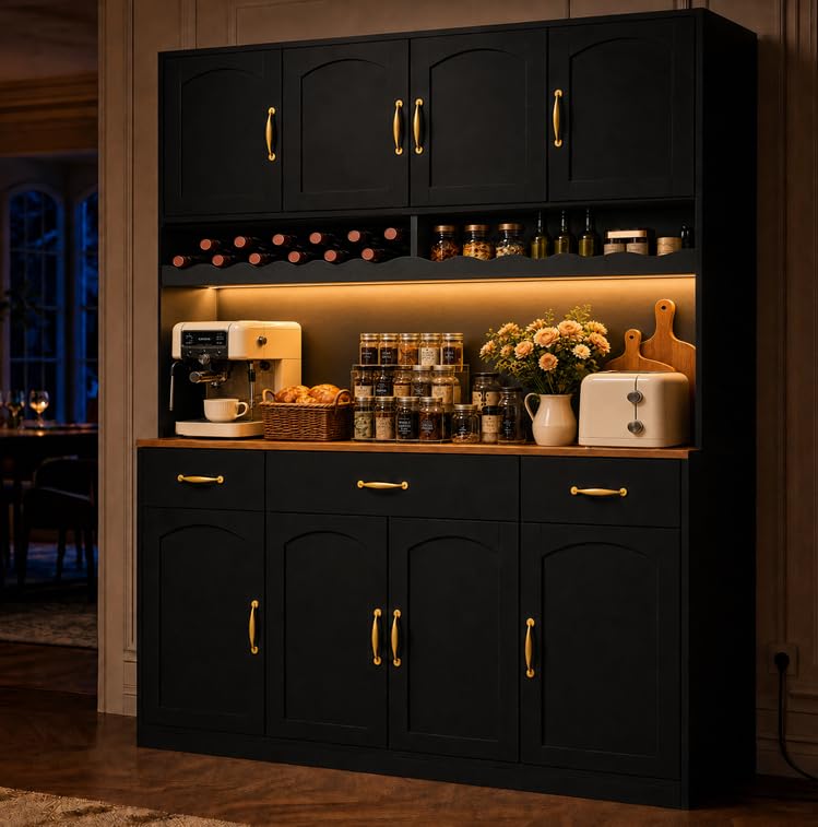 AXCIGOC 72" Tall Kitchen Pantry Cabinet with Charging Station 55" Wide Kitchen Hutch Cabinet with LED Light and Countertop Large Kitchen Cabinet with Adjustable Shelves and Wine Rack Black