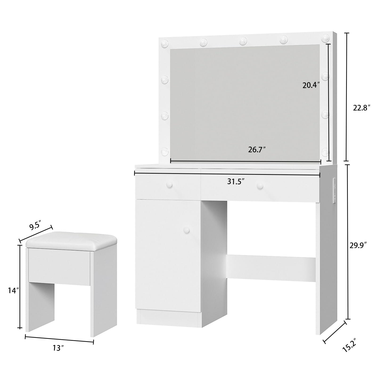 Haewon Vanity Desk with Mirror, 11 LED Lights and Power Outlet, Makeup Vanity Set with Storage Cabinet, Drawers and Chair, White Dressing Table with 3 Adjustable Light Modes for Bedroom