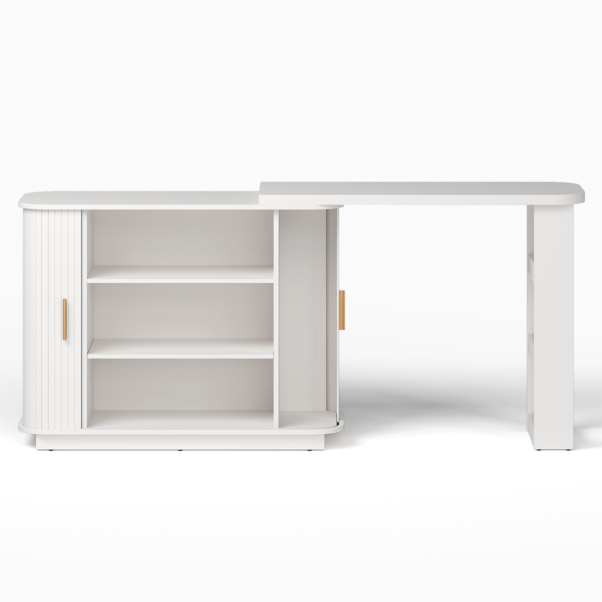 RoyalCraft 68” Extendable Makeup Vanity Desk, Modern L-Shaped Corner Vanity Desk with Silding Door, White Fluted Makeup Table with Curved Desktop and Adjustable Shelf, Wood Dressing Table for Bedroom