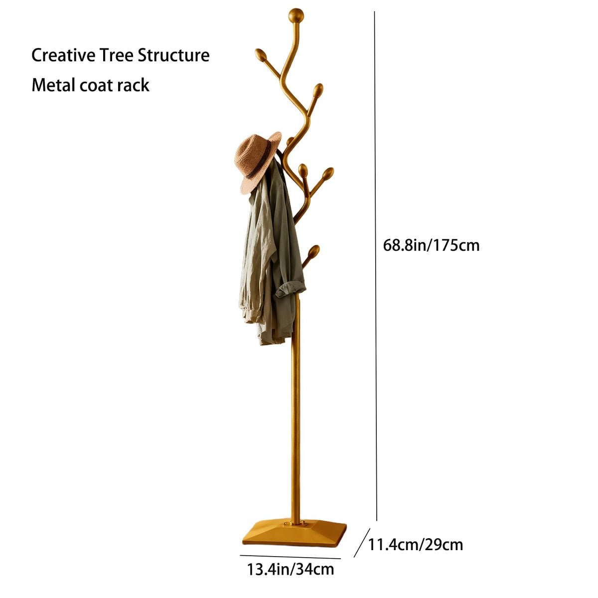 HAZHEYE Gold Coat Rack,Coat Tree Freestanding,Creative Design Tree Branch-look, Standing Coat Rack Coat Hanger Stand with Stury cast iron Base for Entryway, Hallway, Bedroom