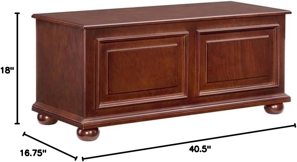 Pemberly Row Contemporary MDF Rubberwood Chest, Cherry Finish, 40.5" w x 16.75" d x 18" h, Decorative Molding, Bun Feet, Lined Storage, Child Safe Hinges, Living Room Accent Furniture