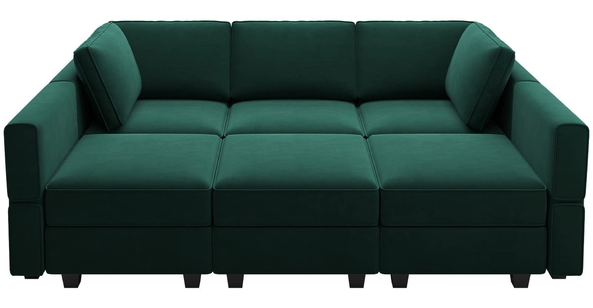 Belffin Modular Velvet Sectional Sofa with Chaise Lounge Sectional Sleeper Sofa with Storage Chaise Bed Couch for Living Room Green