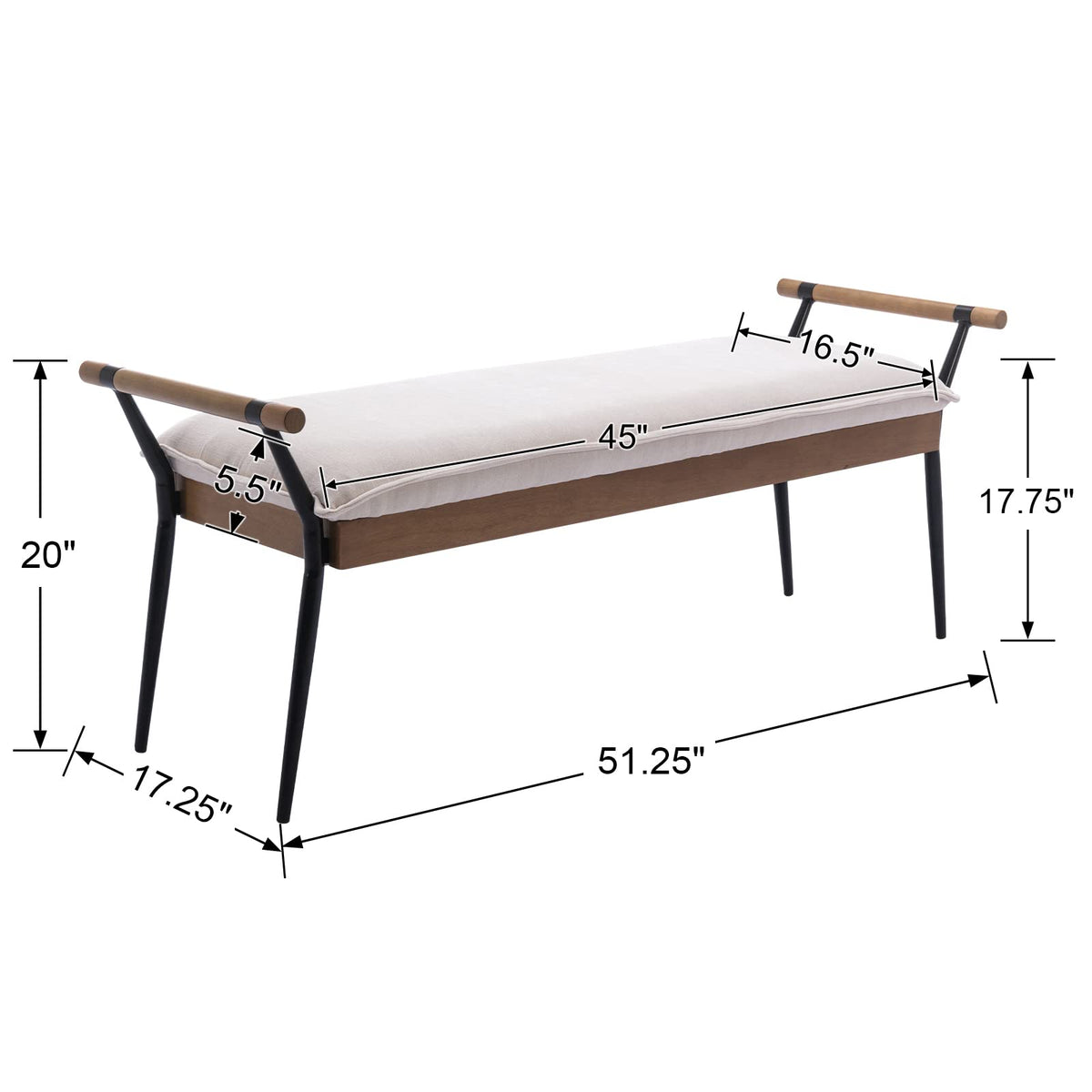 White Chenille Bench with Arms