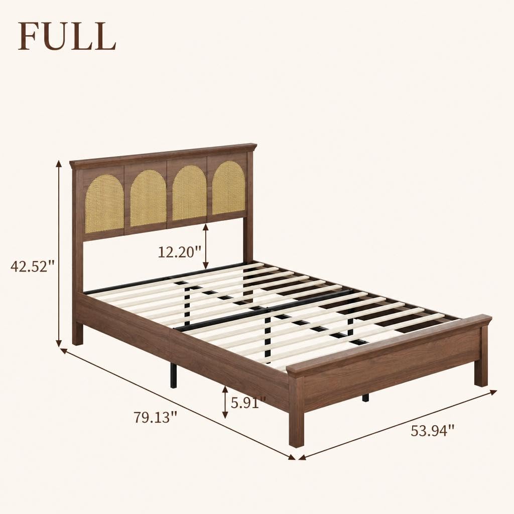 IDEALHOUSE Full Boho Rattan Bed Frame with Headboard and Wooden Platform