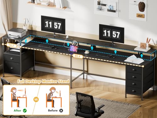 95" Two-Person Gaming & Office Desk with LED Lights, Power Outlets & Storage